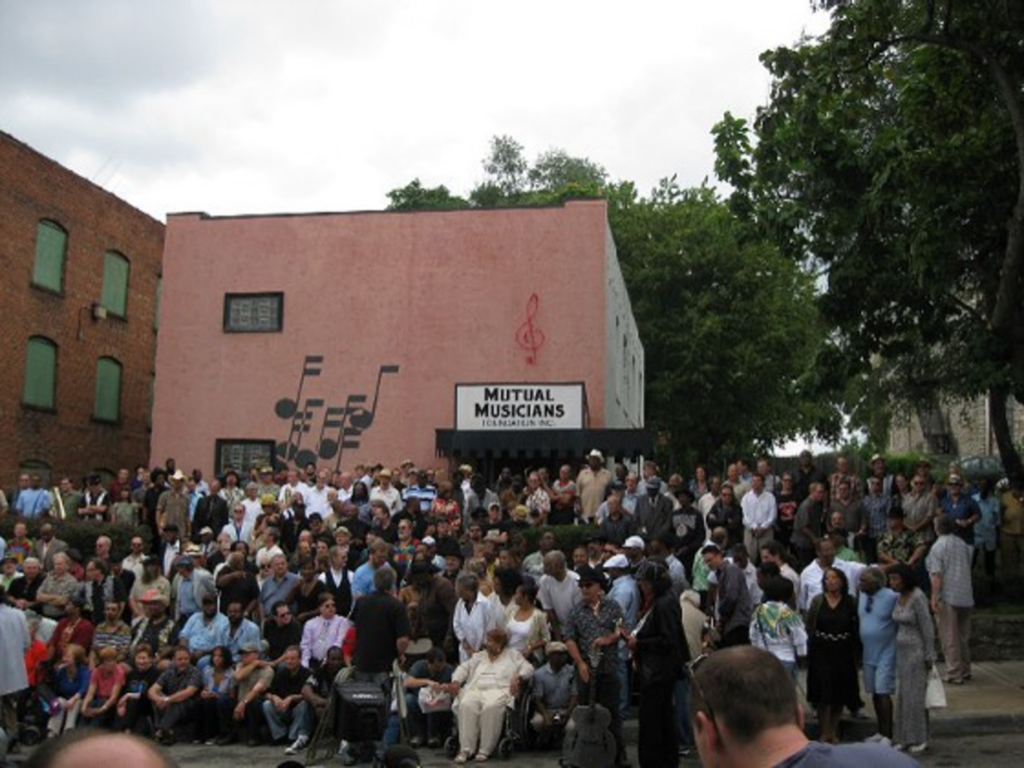Large crowed outside of the Mutual Musicians Foundation